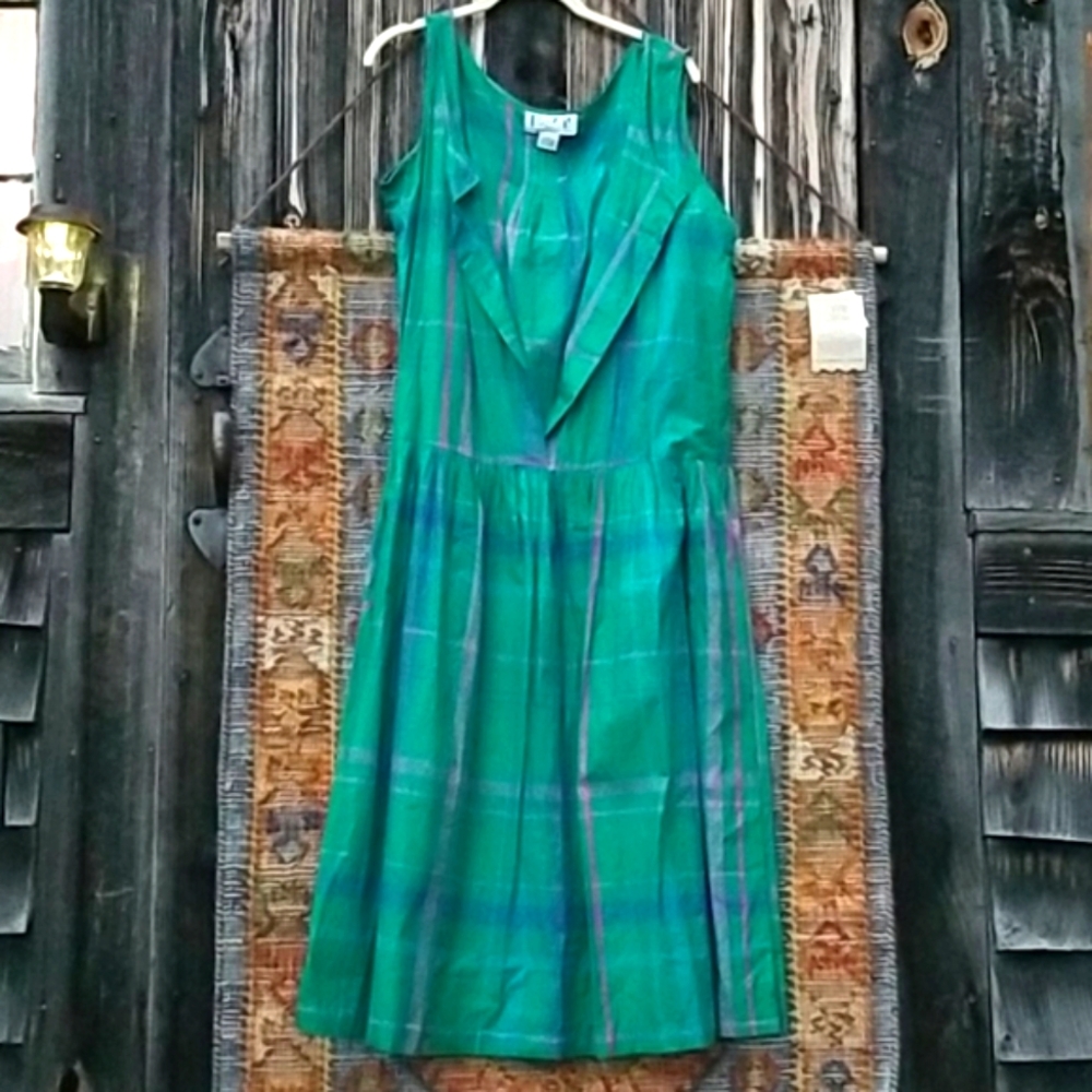 🦋 Vintage Razzle Green Cotton Gauze Plaid Sun Dress 70s INDIA sz L